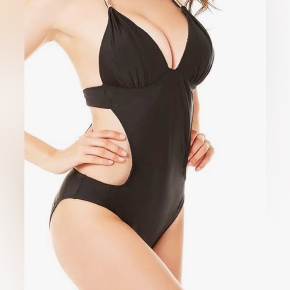 Amoh Jercy Swimsuit One Piece Halter V Neck Plunge High  Cut Women’s Small Black